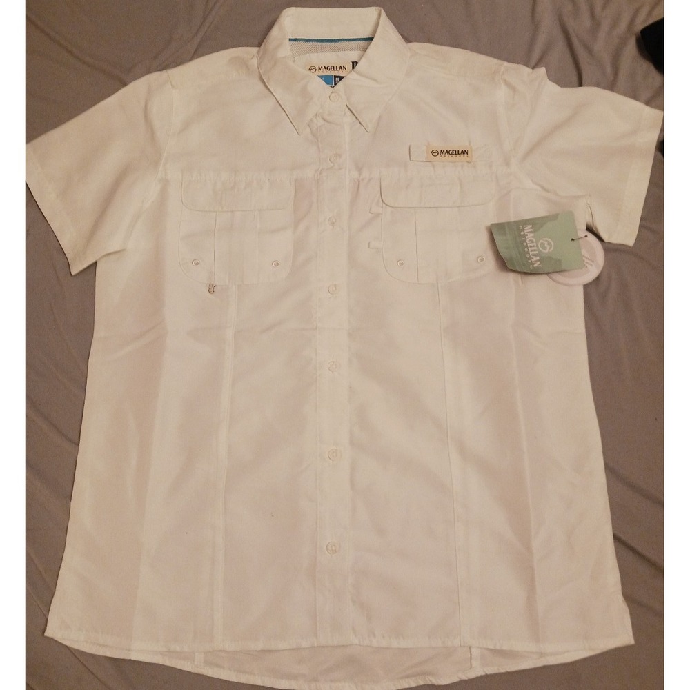 NEW Magellen Women's Fish Gear White Short Sleeve Moisture‎ Wicking Button Up, M